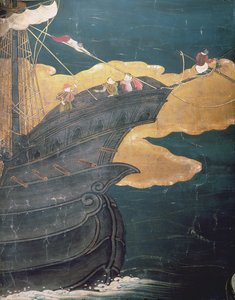 Portugisernas ankomst till Japan, detalj av skeppsfören, från en Namban Byobu-skärm, 1594-1618